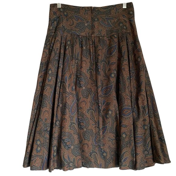 Vintage Midi Pleated Skirt M Olive Green Paisley Wool Silk Prairie Cottagecore - Picture 2 of 8